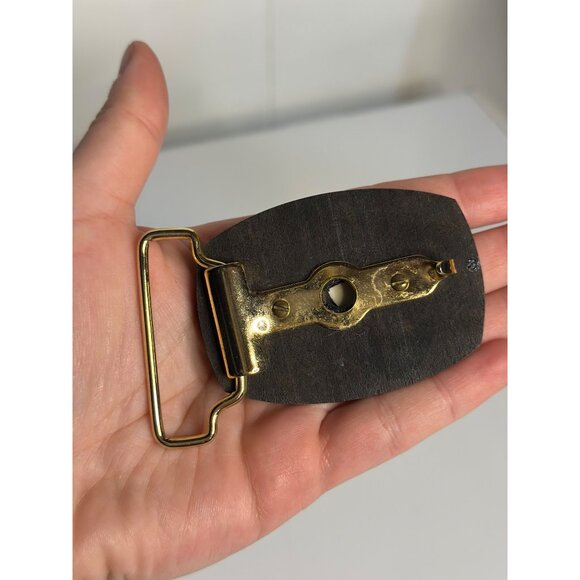 VTG Nautical Scrimshaw Sailing Ship Belt Buckle Brass Tone Wood Clipper 3" - Picture 3 of 6